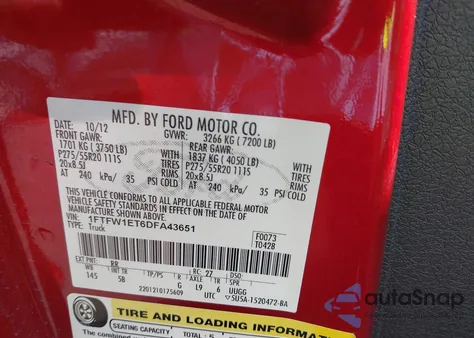 2013 Ford F-150 Fx4 from USA, damaged, VIN 1FTFW1ET6DFA43651